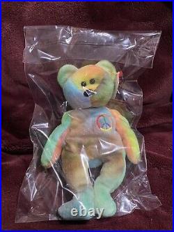Rare! PVC Peace Bear 1996 Retired TY Beanie Baby With Errors! Mint Condition