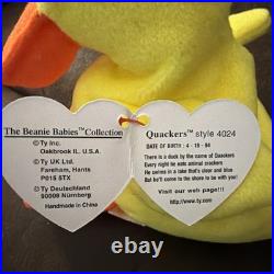 Rare Retired 1993-94 Ty Beanie Babys Quackers The Duck With Tag Errors Mint Cond