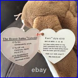 Rare Retired 1995 Ty Beanie Baby EARS The Rabbit PVC Pellets WithTag Errors, Mint