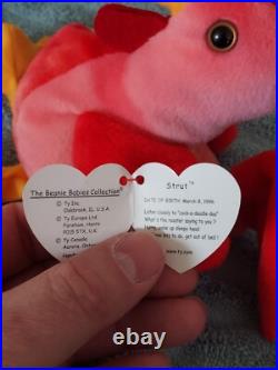 Rare Retired 1996 Ty Beanie Baby Strut The Rooster With Pvc Pellets/tag Errors