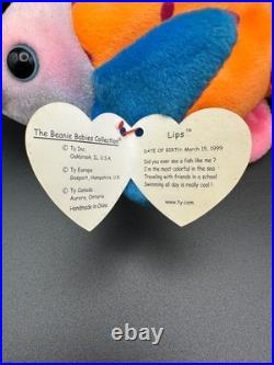 Rare Retired 1999 Ty Beanie Baby Lips The Fish With Pe Pellets/tag Errors