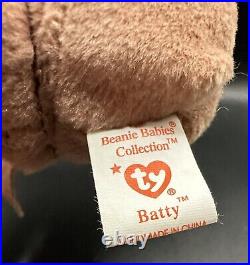 Rare Retired Batty Ty Beanie Baby 1997 With Tag Errors Pe Pellet Mint