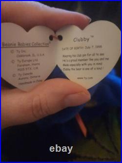 Rare Retired TY Beanie Baby Clubby the Bear with Tush Tag Stamp (8.5 Inch)