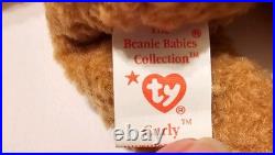Rare Retired Ty Beanie Baby'Curly' The Bear With Many Errors Mint PVC Pellets