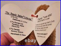 Rare Retired Ty Beanie Baby'Curly' The Bear With Many Errors Mint PVC Pellets