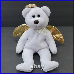 Rare TY Beanie Baby Retired 2000 HALO II 2 Gold Wings Brown Nose Angel Bear