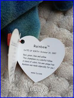 Rare Ty Beanie Baby Rainbow The Iguana Chameleon With Errors