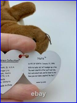 TY Beanie Babies Collection Retired Nuts The Squirrel Jan. 21,1996 Rare With Errors
