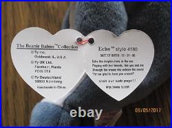 TY Beanie Babies Echo the Dolphin RARE misprint swing tag & tush tag with PVC