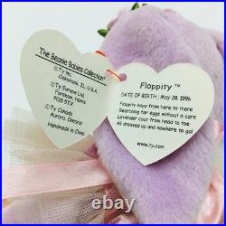 TY Beanie Baby FLOPPITY the Bunny Purple 1996 Retired Rare With Dress Flower New