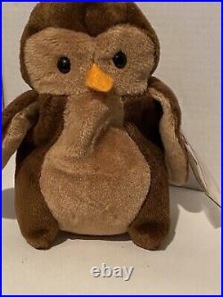 TY Beanie Baby HOOT THE OWL, 1995, Style 4073, Retired, Rare Tag Errors, Mint