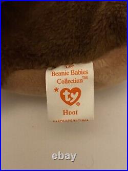 TY Beanie Baby HOOT THE OWL, 1995, Style 4073, Retired, Rare Tag Errors, Mint