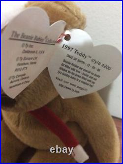 TY Beanie Baby Holiday 1996 Teddy Bear with Plastic Tag Holder RARE with Errors