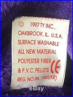 TY Beanie Baby PRINCESS DIANA Purple Teddy Bear, 1997 MINT PVC Pellets RARE
