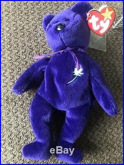 TY Beanie Baby PRINCESS DIANA Purple Teddy Bear, 1997 MINT PVC Pellets RARE