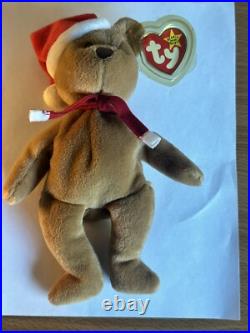 TY Beanie Baby Teddy 4th Gen Tag Holiday Santa Bear Rare With Errors