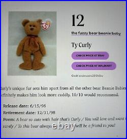 TY CURLY Beanie Baby VERY RARE the Bear withTag Errors (1993/1996) & Brown Nose