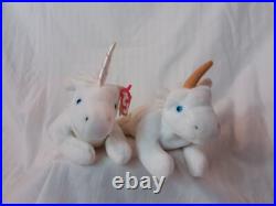 Two RARE Ty Beanie Babies MYSTIC the Unicorn 1994 Retired with Tag Errors/PVC
