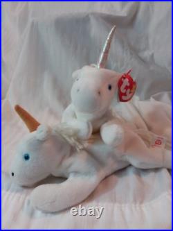 Two RARE Ty Beanie Babies MYSTIC the Unicorn 1994 Retired with Tag Errors/PVC