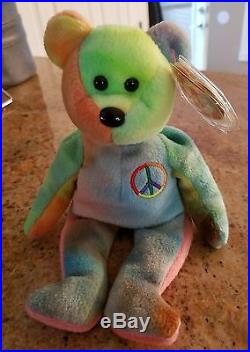 Ty Beanie Babies Peace Bear (Green face) with multiple tag Mistakes Errors RARE
