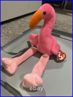 Ty Beanie Babies Pinky the Flamingo Plush Toy Tag Errors RARE! 1995