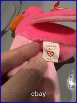 Ty Beanie Babies Pinky the Flamingo Plush Toy Tag Errors RARE! 1995