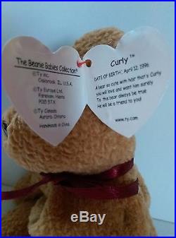 Ty Beanie Baby 1996 CURLY BEAR with very rare collectible hang tag error