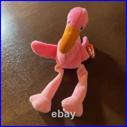 Ty Beanie Baby, PINKY The Flamingo, RARE 1995 Retired withTag Errors & PVC Pellets