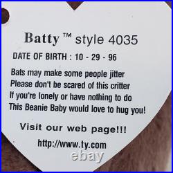 Ty Beanie Baby- Rare Batty 1996, Retired, PVC Pellets, Mint