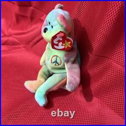 Ty Beanie Baby Rare Peace Bear 1996 Multicolor with display case