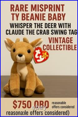 Ty Beanie Baby Whisper Fawn 1997 5th Generation Hang Tag RARE Misprint -Claude