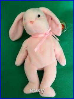 Ty beanie babies HOPPITY Pink Rabbit 1996 PVC tag RARE 3 ERRORS P. E. PELLETS