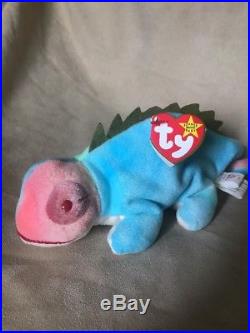 Very RARE TY Iggy Beanie Baby RETIRED ERRORS Comes With Display Case