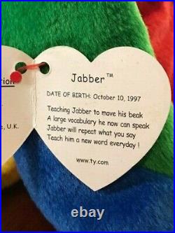 \uD83E\uDD9C\uD83D\uDD25Vintage Retired TY Beanie Baby JABBER, with TAG ERRORS & RARE STAMP 1998